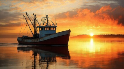 Fototapeta premium Fishing trawler on mirror-calm water beneath a golden sunrise, warm orange clouds and a tranquil reflective seascape conveying peaceful solitude