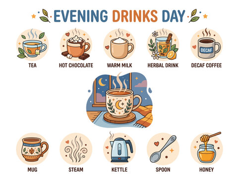 A delightful collection of warm beverages perfect for Evening Drinks Day, featuring tea, hot chocolate, herbal tea, decaf coffee, and warm milk