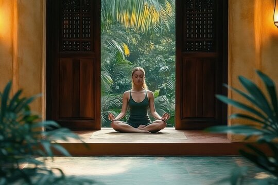 Woman meditating cross-legged on a mat at an open wooden doorway, peaceful and serene, warm indoor lighting, tropical palms and greenery outside, reflective pool in foreground