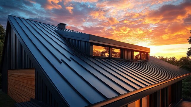 modern home with dark standing-seam metal roof and horizontal clerestory windows reflecting a fiery sunset, wooden siding and trees, warm dramatic evening mood