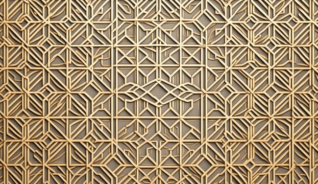 intricate gold geometric lattice wall panel with repeating star and hexagon motifs, layered 3d relief, cast shadows, elegant luxurious atmosphere