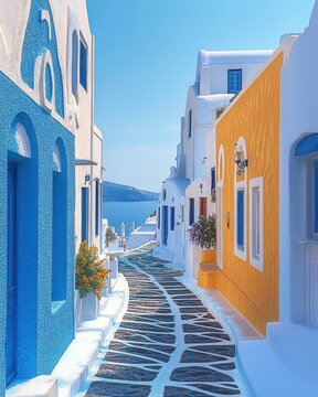 Sunlit narrow cobblestone alley between whitewashed buildings with blue accents and a warm ochre facade opening to a calm sea, serene and inviting