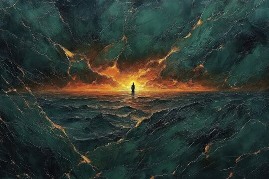 Lone silhouette standing on a dark rippling expanse of emerald rock and sea beneath a stormy teal sky, facing a blazing golden horizon, evoking solitude and awe