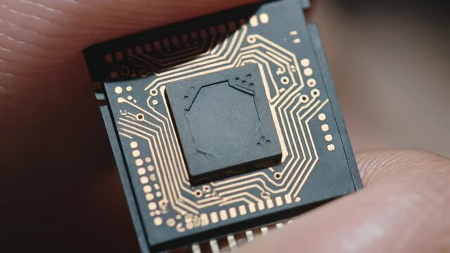 Microchip supply held between fingers showing circuit pattern and shock of technology close up view with electronic hardware and computer innovation