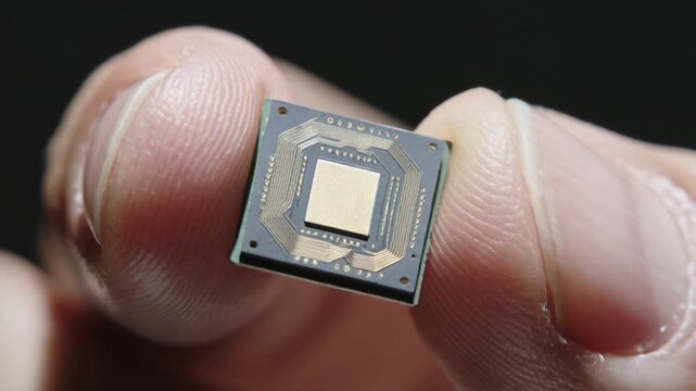 Microchip supply held between fingers showing small electronic device circuit design with advanced technology close up and innovation shock