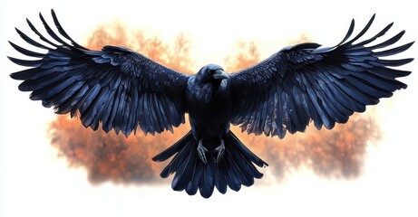 Fototapeta premium Majestic black raven in full flight with outstretched wings and extended talons against a warm orange backlit haze, dramatic and powerful mood