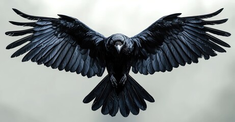 Fototapeta premium black raven with outstretched wings and spread tail feathers, talons extended, facing viewer against a pale grey background, dramatic intense presence