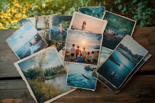 scattered vintage photographs on a wooden table showing children at sunset by the sea, lakes, boats and waterfalls evoking warm nostalgia and cherished memories