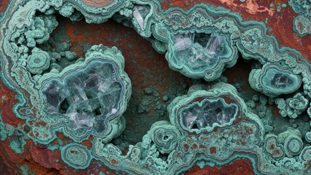 Mineral - Malachite Geode Crystal Formations with Turquoise Banded Layers on Rusty Iron Oxide Background