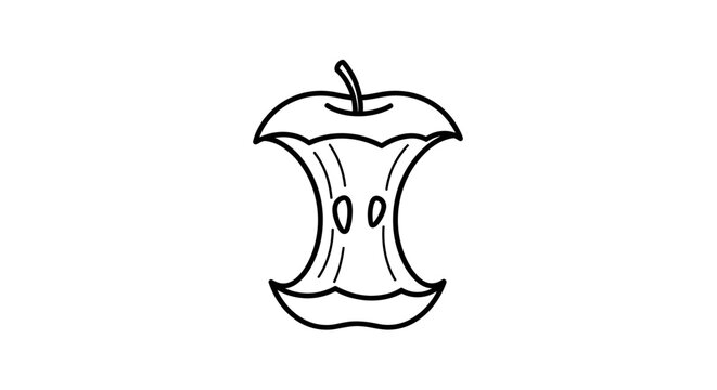 Hand-drawn apple core illustration, simple outline, isolated on white background