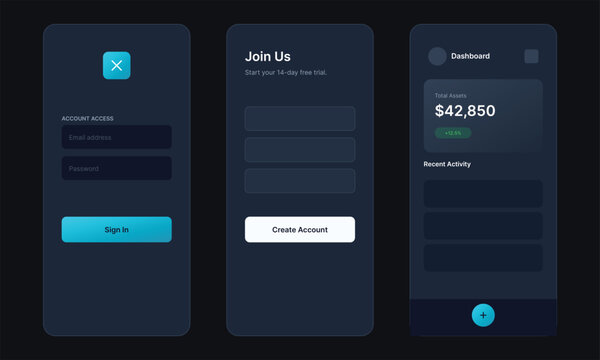 Mobile app screens, dark mode UI, login and dashboard templates, vector