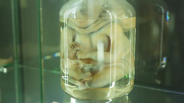 Exhibition of anatomical exhibits. A human infant with the pathological development of anencephaly