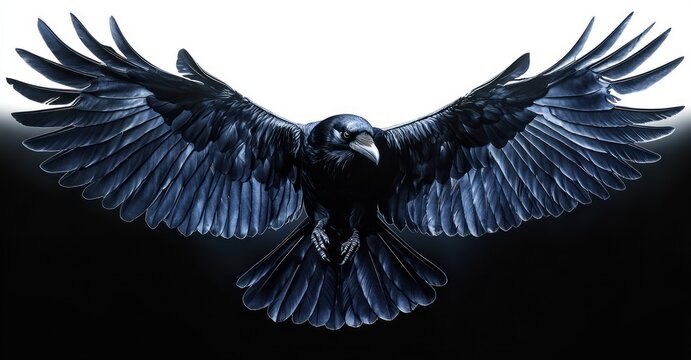 Majestic black raven descending with full wingspan and intense gaze, dramatic poised posture against a stark high-contrast white and black background