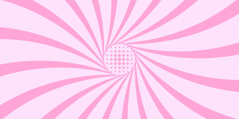Twisted rays of rosy sunrise or sunset. Vortex pinwheel pattern. Pink circus or carnival background. Strawberry bubble gum, sweet lollipop candy, ice cream texture. Vector cartoon illustration © ach