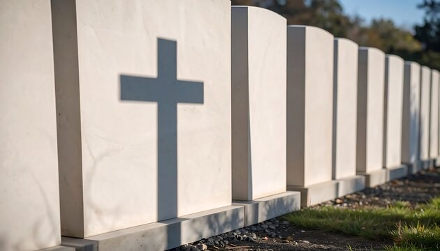Marble gravestones aligned in a cemetery, a cross shadow visible on the first one under a sunny sky