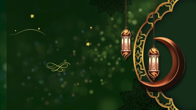 Elegant Ramadan Mubarak Green and Gold Background with Lanterns and Crescent Moon