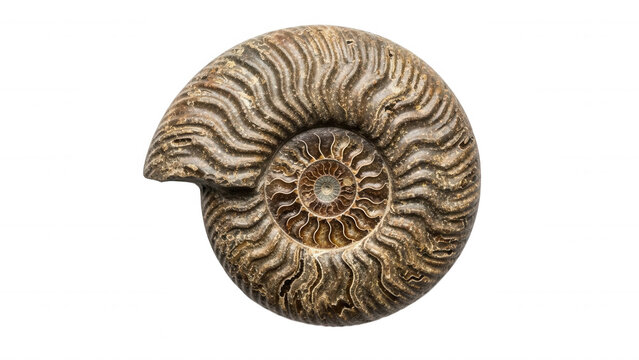 Fossilized ammonite shell with detailed spiral pattern and textured surface isolated on a transparent background