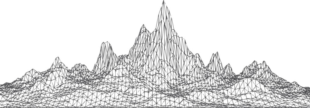 Wireframe mountain range with triangular mesh