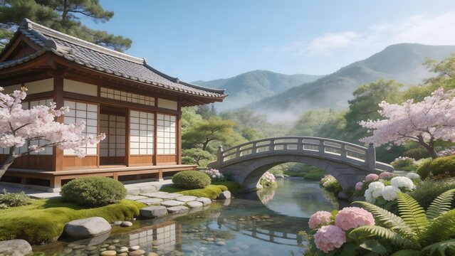 Traditional Asian garden with bridge and house