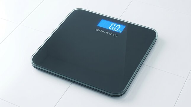 Digital bathroom scale with glass surface, metallic accents, blue backlit display showing &ldquo;0.0 kg,&rdquo; modern design on tiled floor, sleek household device for measuring body weight.