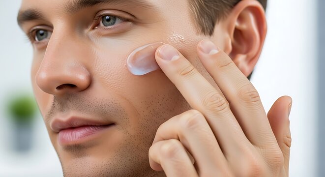 Close-up of a man applying face cream for skincare routine, showing healthy and moisturized skin