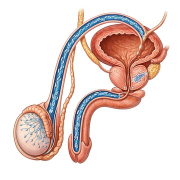 Human Male Reproductive System Anatomy Illustration Detailed Medical Cross-Section of Testis, Prostate, and Urinary Bladder for Healthcare Education.
