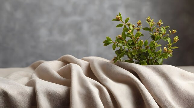 Delicate green foliage rests on draped beige linen fabric against a smooth muted gray background