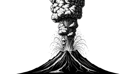 Volcano Eruption with Smoke Plume and Ash Cloud, Black and White Illustration © gan
