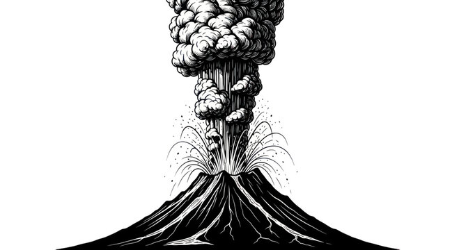 Volcano Eruption with Smoke Plume and Ash Cloud, Black and White Illustration
