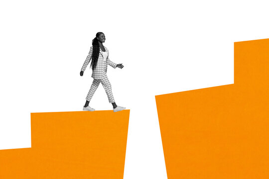 Composite art 3d creative image collage of happy american girl walk career ladder obstacle determination success promotion growth