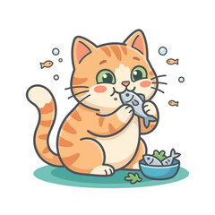 Obraz premium A cheerful cartoon cat vector illustration with a playful orange tabby cat enjoying a delicious fish meal, surrounded by tiny fish and bubbles