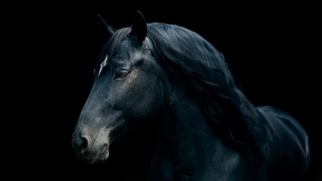 Majestic black horse with flowing mane against a dark background. Close-up portrait of a powerful black horse with a dark, flowing mane 