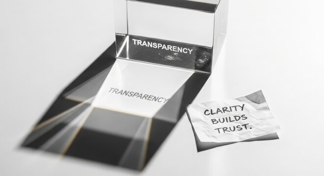 Glass Prism Casting A Shadow Labeled "Transparency" With Quote "Clarity Builds Trust."