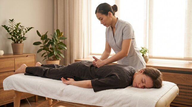 Massage therapist giving a relaxing massage to a woman on a massage table