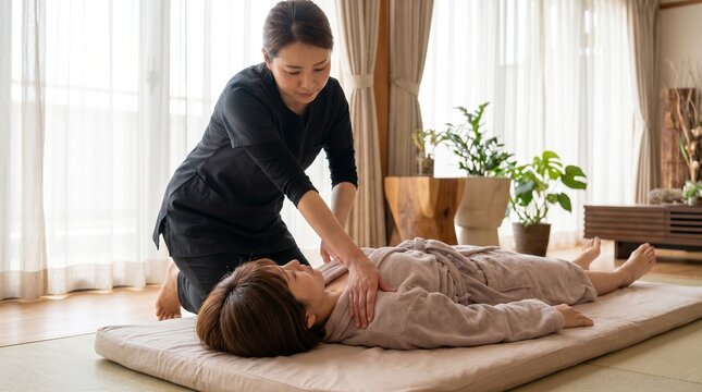  Shiatsu Japanese women receiving a relaxing massage on a mat in a serene room with a therapist