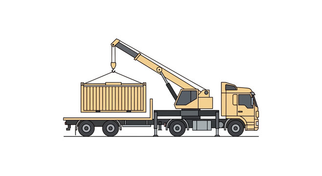 Crane truck loads a heavy freight container onto a flatbed trailer for efficient logistical transport.