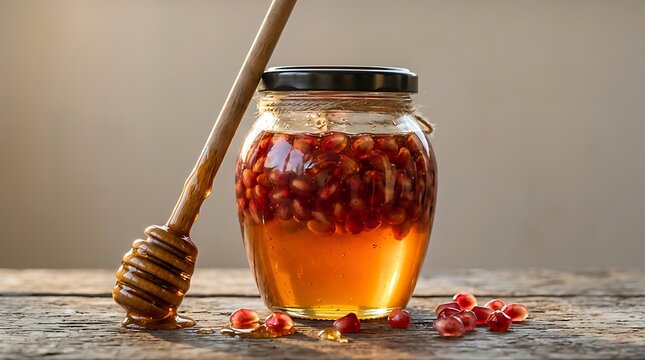 Jar madu lezat berisi biji delima segar dan sendok kayu madu dengan tetesan madu manis di atas meja kayu rustic, siap disajikan