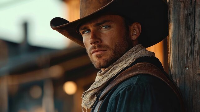Stoic cowboy in a wide-brim hat and bandana scarf wearing a leather vest, leaning against a weathered wooden post with face obscured, warm evening light and rustic bokeh