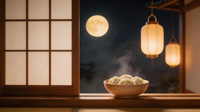 Steaming dumplings by window with moon