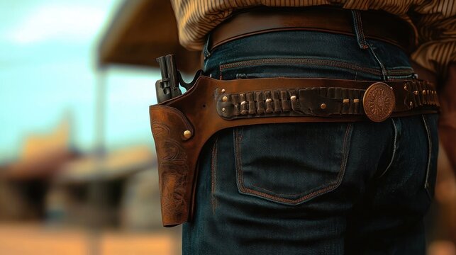 close-up of a person wearing denim jeans and a decorative leather gun holster with visible revolver, striped shirt tucked in, evoking rugged readiness and quiet confidence