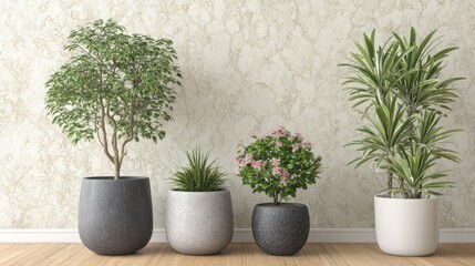 Fototapeta premium Four potted indoor plants arranged horizontally against a light patterned wall surface