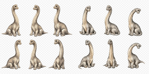 Set of cute baby Brachiosaurus dinosaurs in various poses, isolated on transparent background, perfect for children's designs and educational materials. © Akun