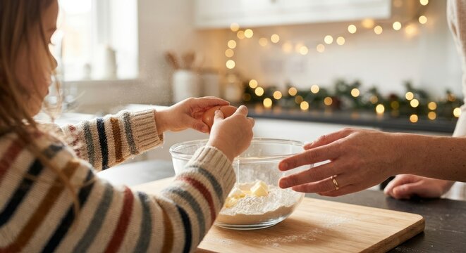 Close up of child cracking egg into glass bowl while adult hands hold it steady. Warm light, home baking moment, family cooking and learning concept.
