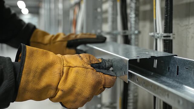 Close Up Of Electricians Hands In Yellow Gloves Aligning Metal Cable Tray In Industrial Facility