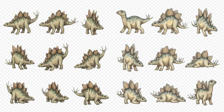 Collection of various Stegosaurus dinosaur poses and actions, showcasing different angles and movements of the prehistoric creature.