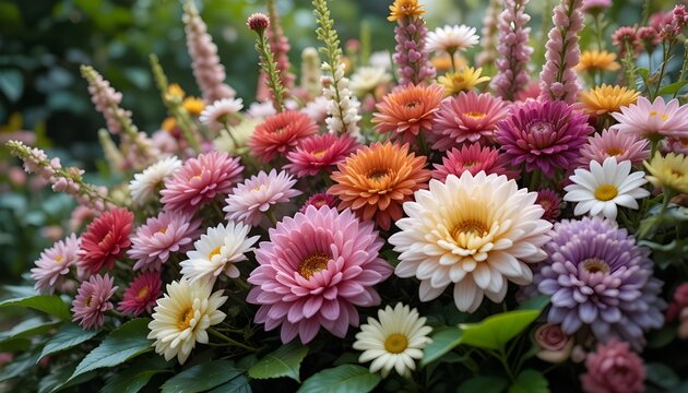  Prompt 1:
Spectacular arrangement of mixed floral species in full bloom, surrounded by lush green leaves, rich textures and vibrant colors, soft natural lighting, balanced composition, ultra realisti
