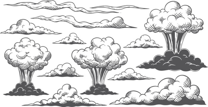 Hand-drawn engraving style clouds and mushroom cloud set