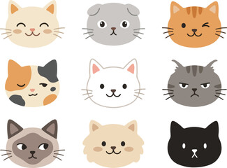 Obraz premium Cute Cat Faces Bundle, Vector Flat Illustration of Diverse Kitty Characters and Expressions
