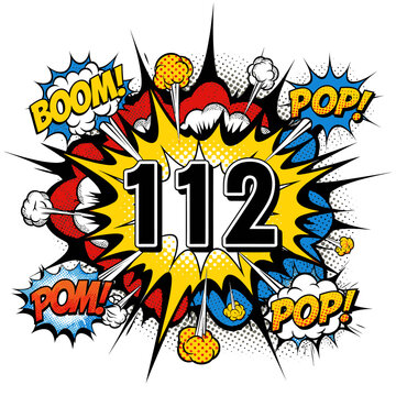 Comic book explosion with number 112 and BOOM POP words