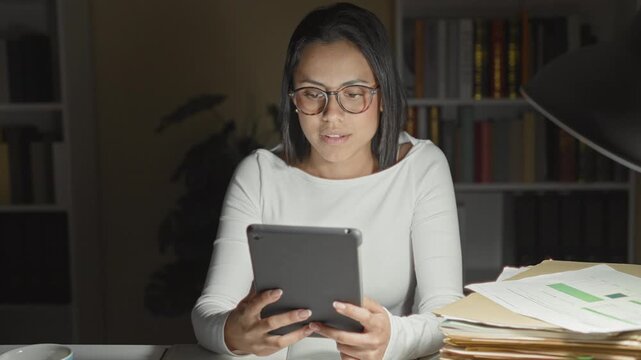 Woman holding tablet with both hands and reading at a desk with stacked folders, papers and books beside a lamp in a studio; late night concentration.